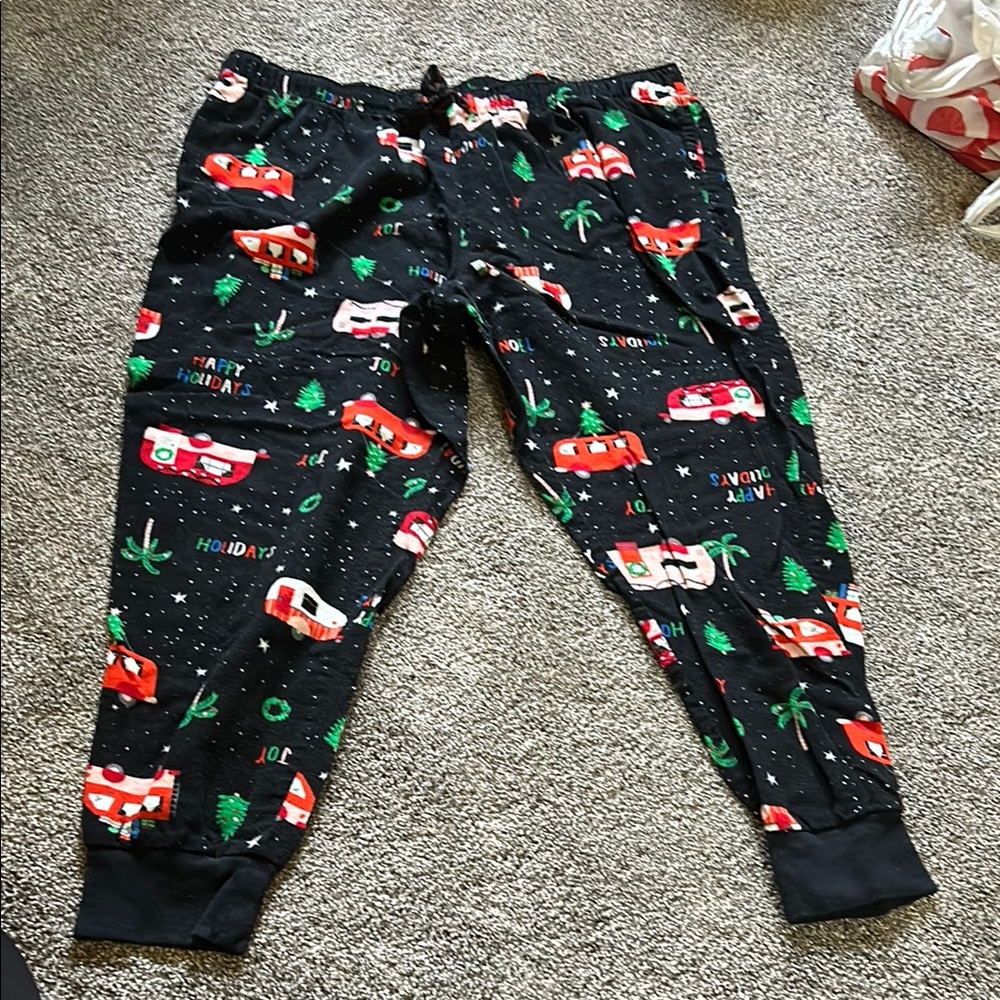 Woman’s Holiday Pajama Pants - Black with Red and Green Camper Accents